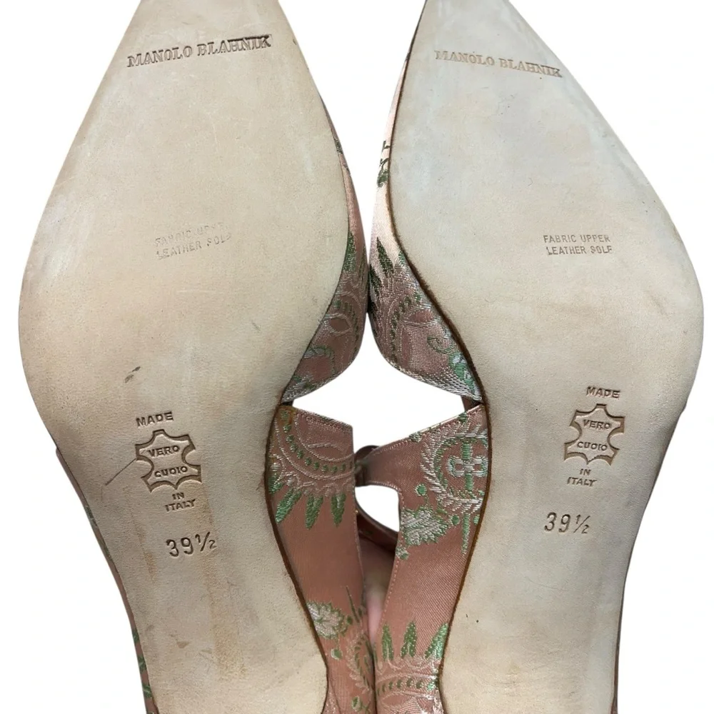 Manolo Blahnik Pink Silk Jacquard D’Orsay Heels Crystal Button Pumps